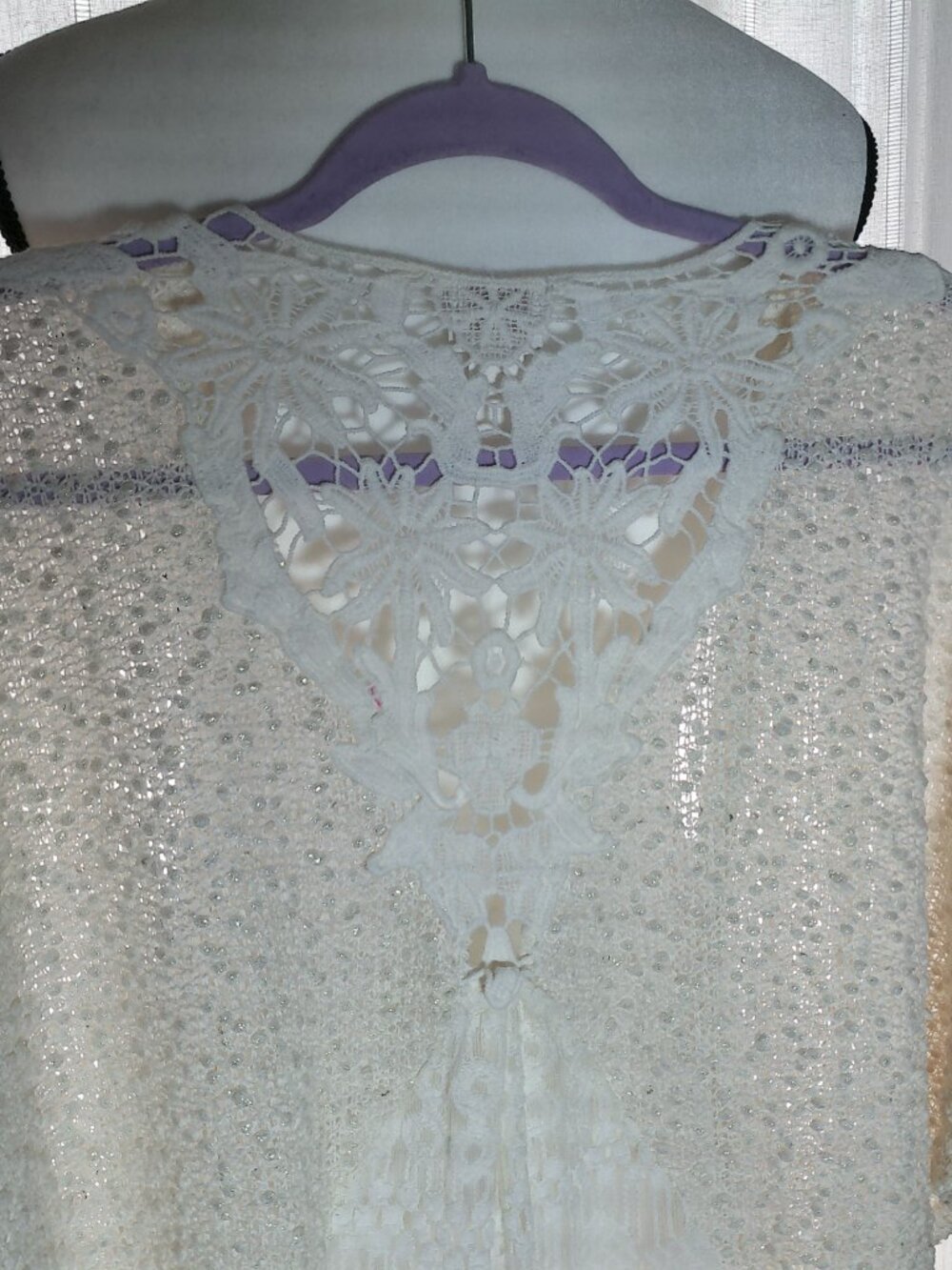 CHICO'S Shrt Sleeve Open Front Cream Sweater Sm.Popcorn Texture w/Lace/Sequins M - Picture 4 of 10